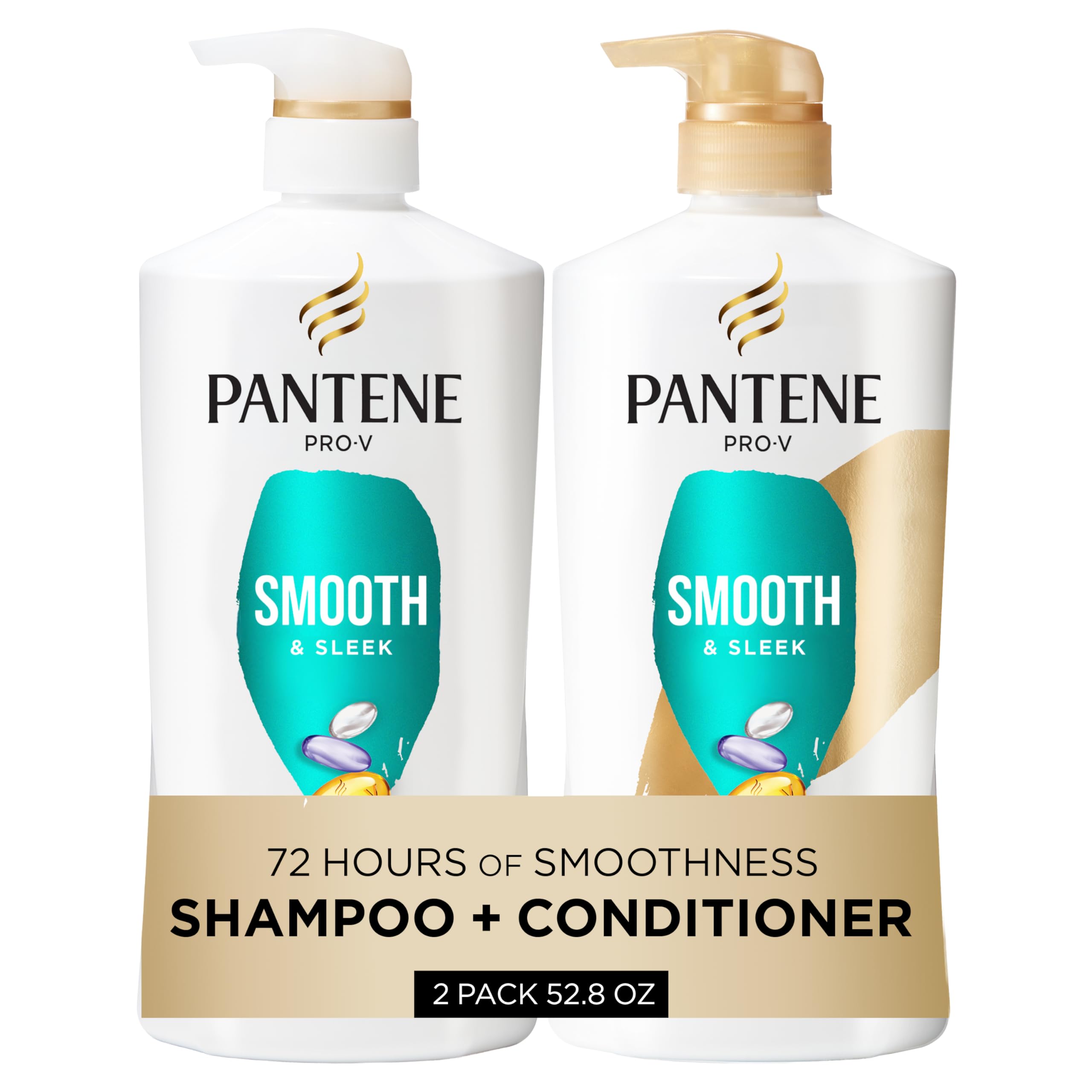 Pantene Smooth & Sleek Shampoo and Conditioner set in 52.8 oz bottles, featuring a sleek design and hair care for smooth, shiny hair.