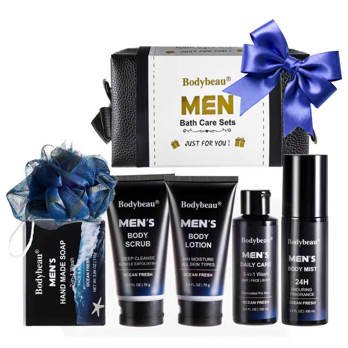 Beautifier Life Men's Bath and Body Spa Set, 7-Piece Kit with 3-in-1 Shower Wash, Body Scrub, Body Mist, 2-in-1 Handmade