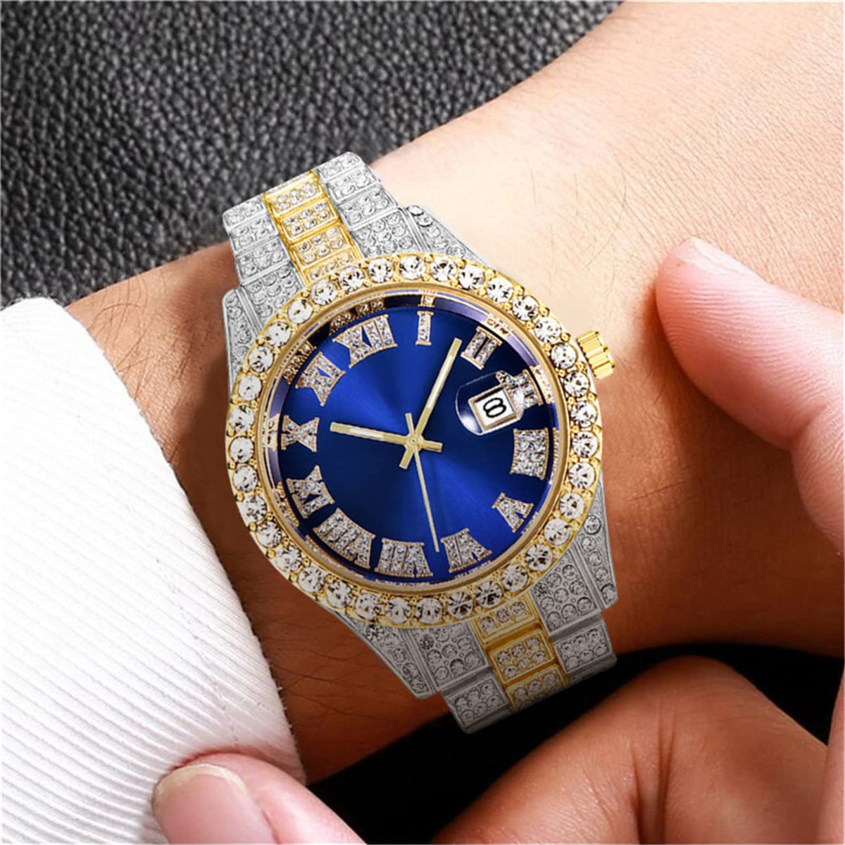 CdyBox 3 Pack Luxury Men Hip Hop Watch with Roman Scale Calendar Diamond Wrist Watch Stainless Steel Watches – back view