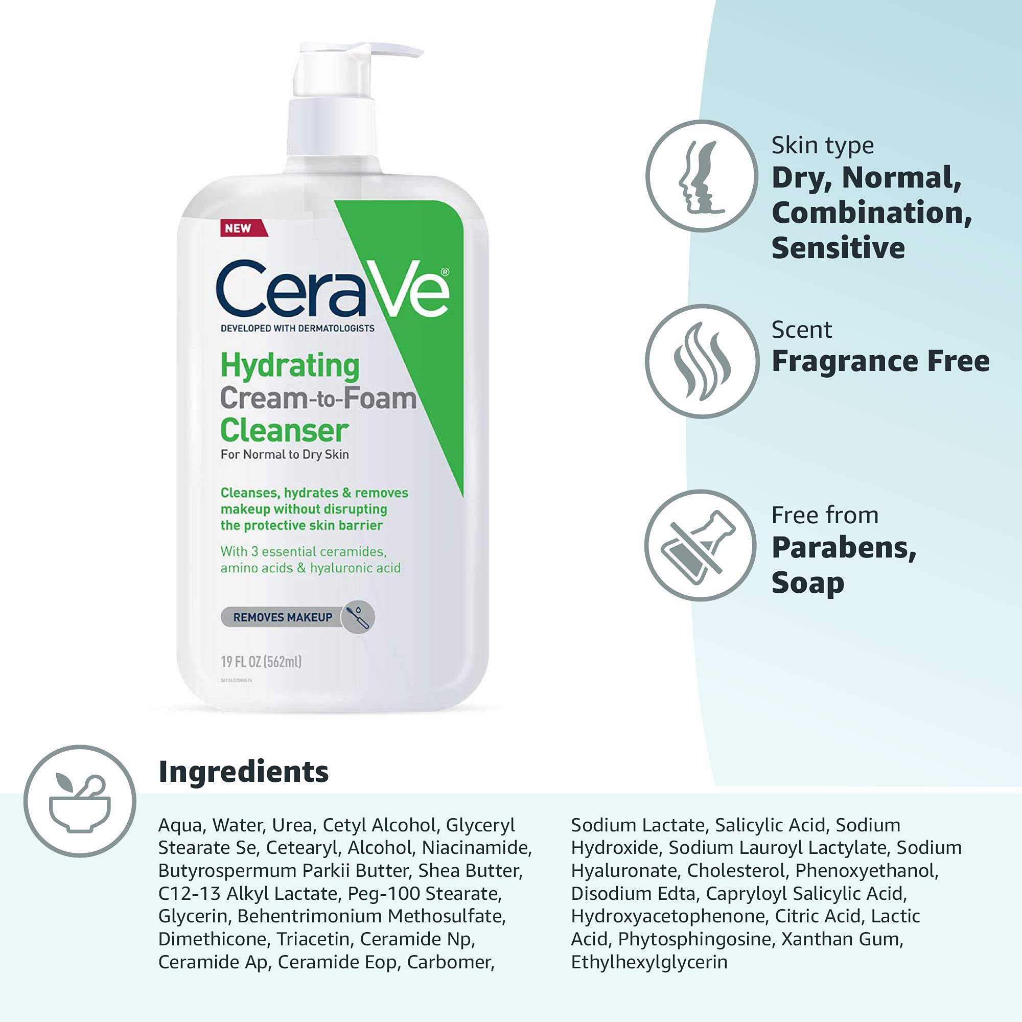 CeraVe Hydrating Cream To Foam Cleanser for dry skin, 19oz, showing the face wash bottle with label and pump dispenser.
