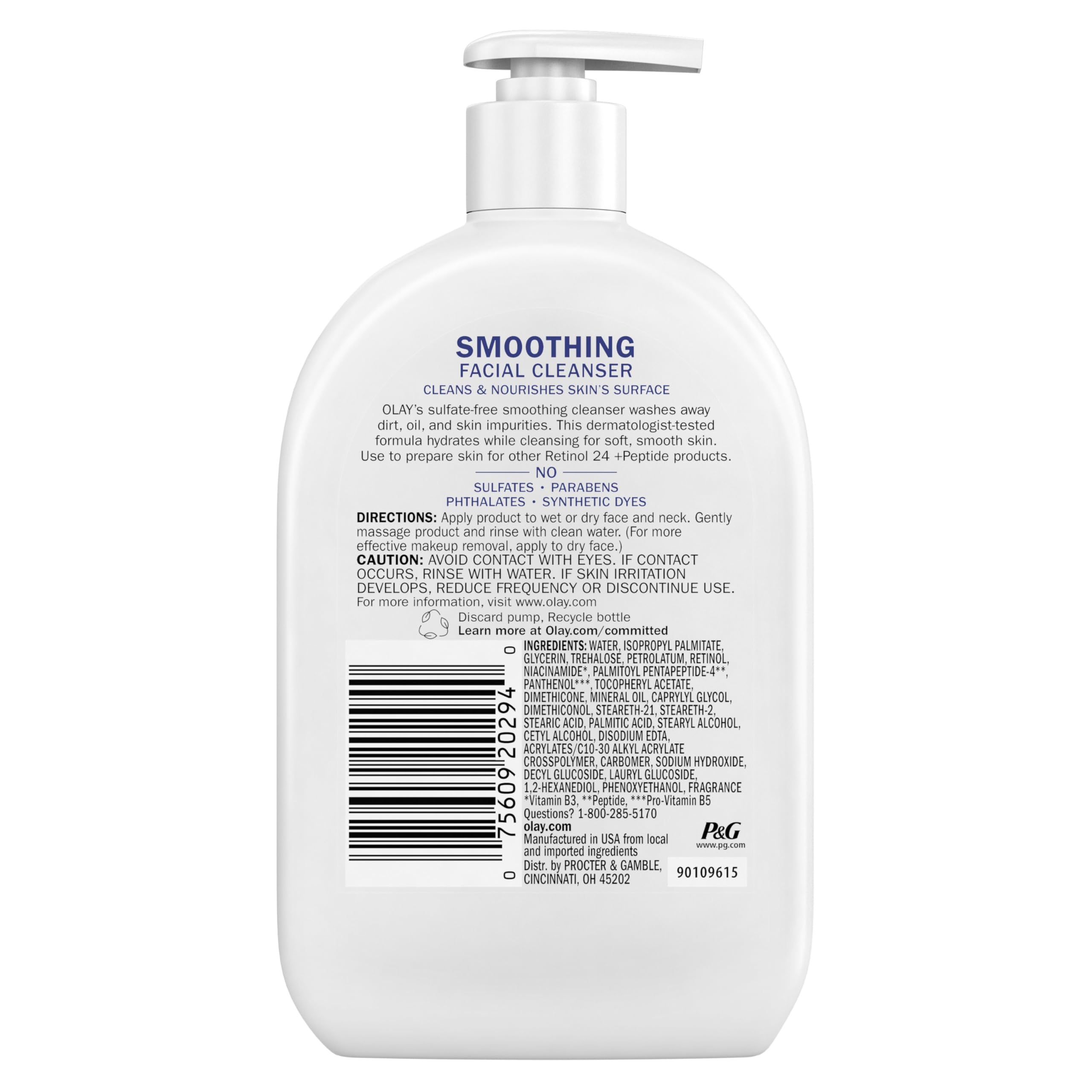 Olay daily facial cleanser with retinol, peptides, and glycerin, hydrating and smoothing cream cleanser for mature skin.
