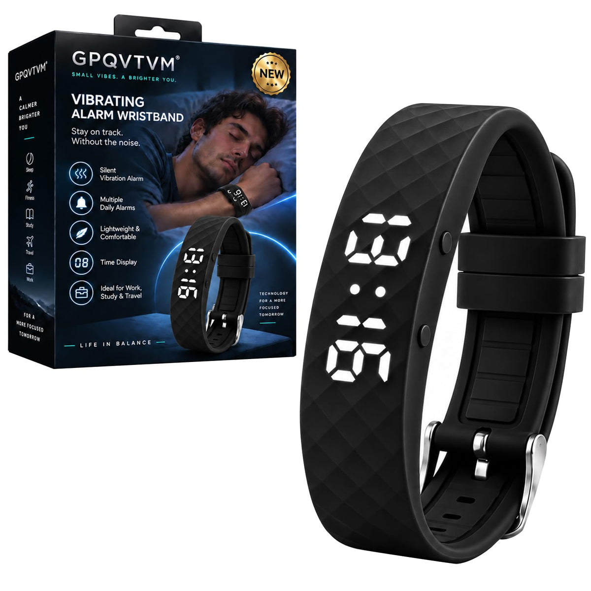 GPQVTVM Alarm Clock for Heavy Sleepers Vibrating Wristband Bracelet Watch Silent – Black, Silicone