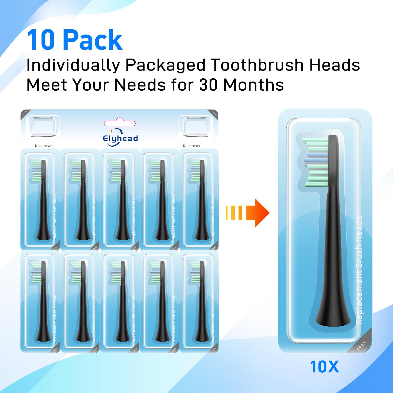 Elyhead replacement toothbrush heads for COSLUS C40, showing close-up of soft bristle design and compatible attachment.
