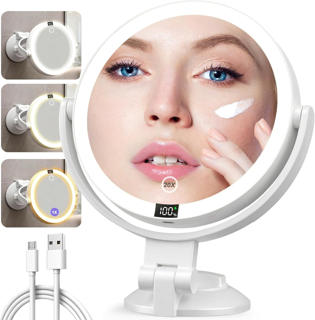 Shinowa 20X Magnifying Mirror Suction Cup with Lights, Wall Mounted Makeup Mirror