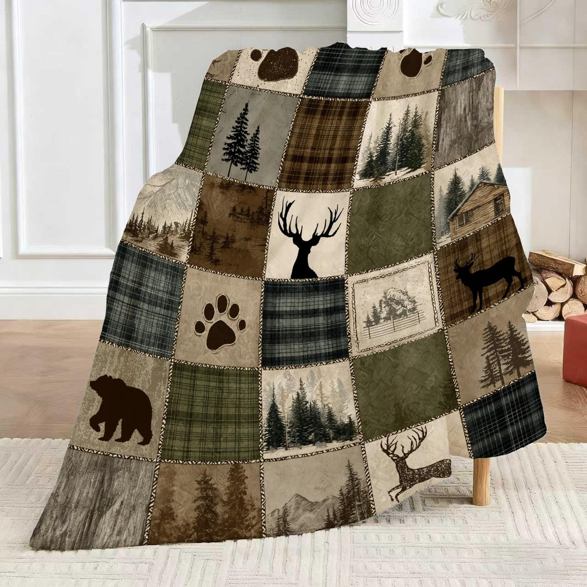 DEMCEAR Rustic Cabin Forest Vintage Patchwork Plaid Blanket, 60x80 Inch – close-up detail
