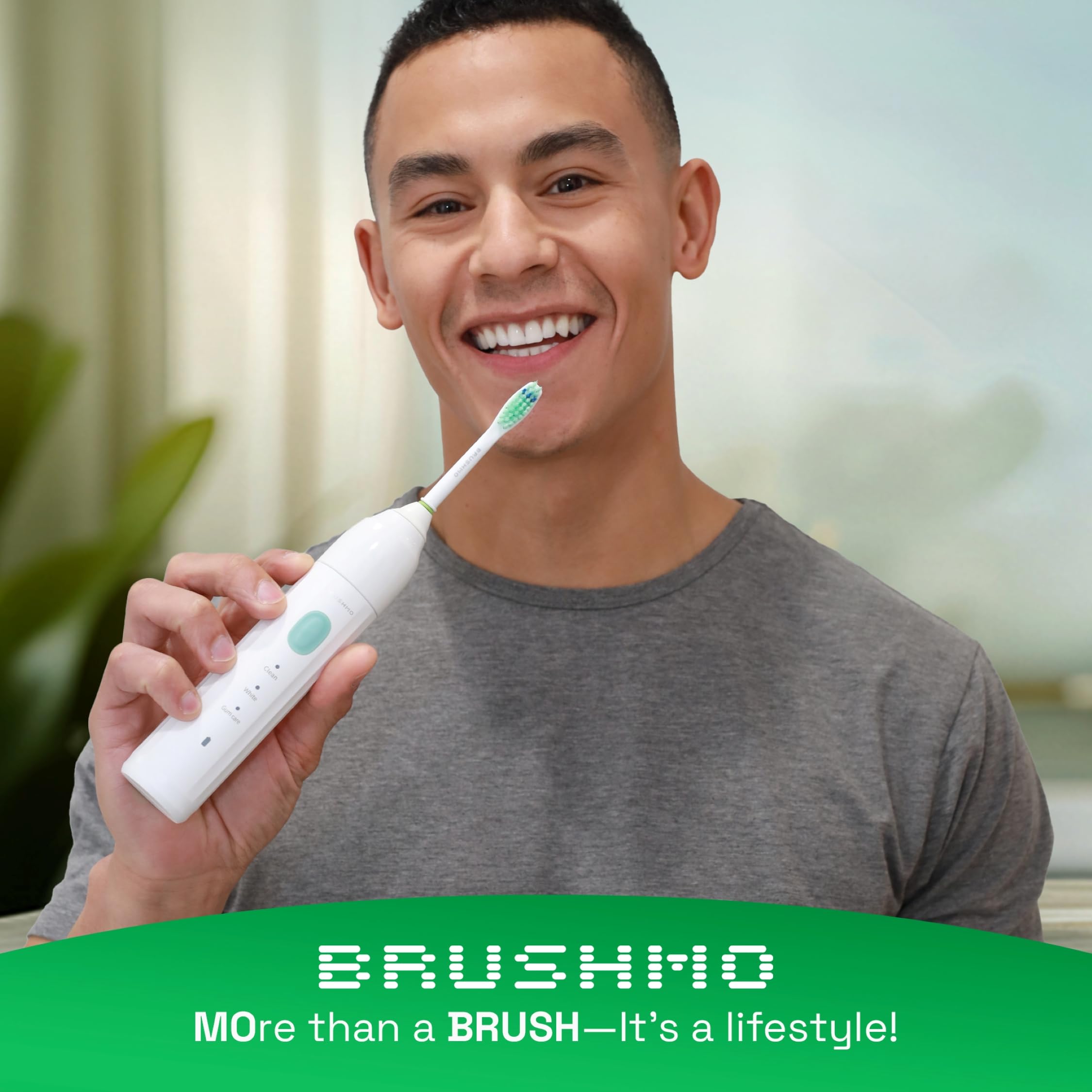 Brushmo E-Series electric sonic toothbrush head with white bristles, compatible with rechargeable electric toothbrush for adults.