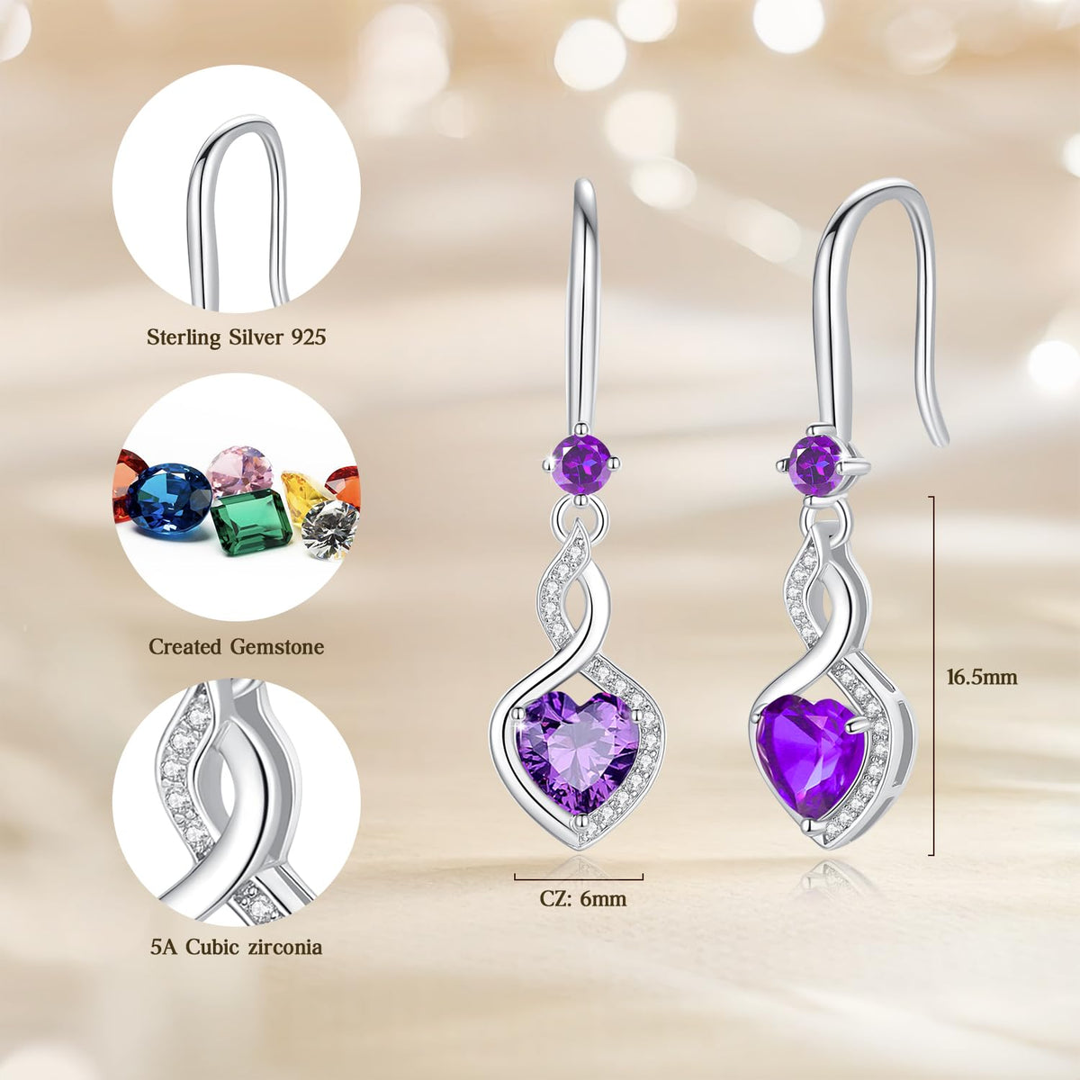 FANCIME Heart Dangle Earrings Sterling Silver Birthstone Jewelry for Women – close-up detail in D