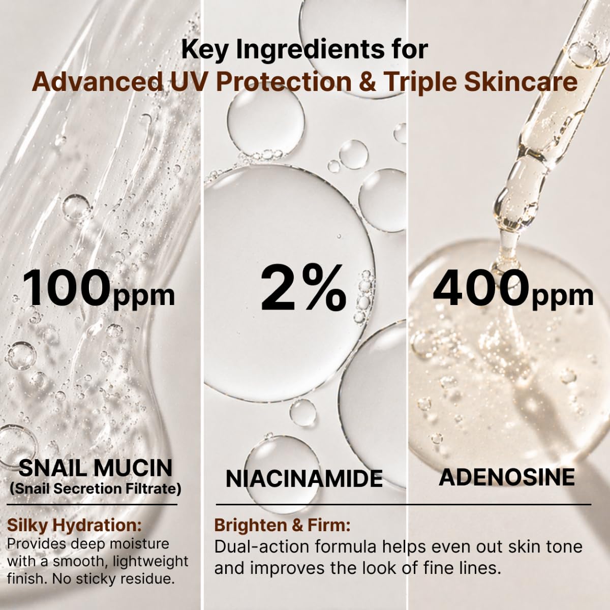 Korean Snail Mucin Sunscreen - SPF 50+ PA++++ Korean Glass Skin Sun Cream with Snail Mucin & Ceramide, Moisturizing & Li