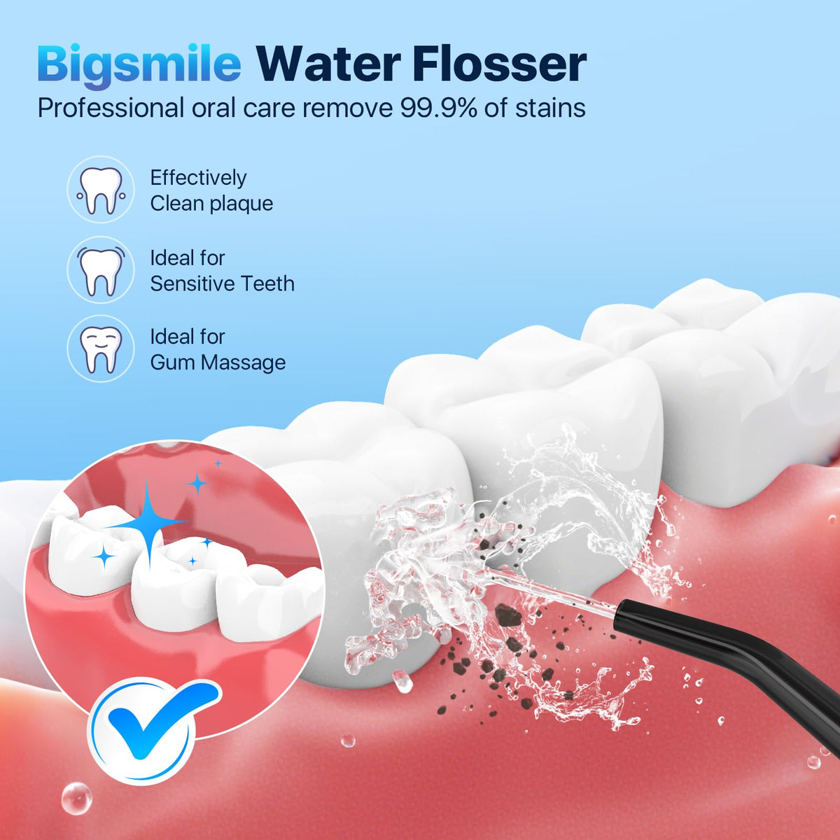 bigsmile Water Flosser Safe Tonsil Stone Remover Prevent Bad Breath, Black – back view and specifications