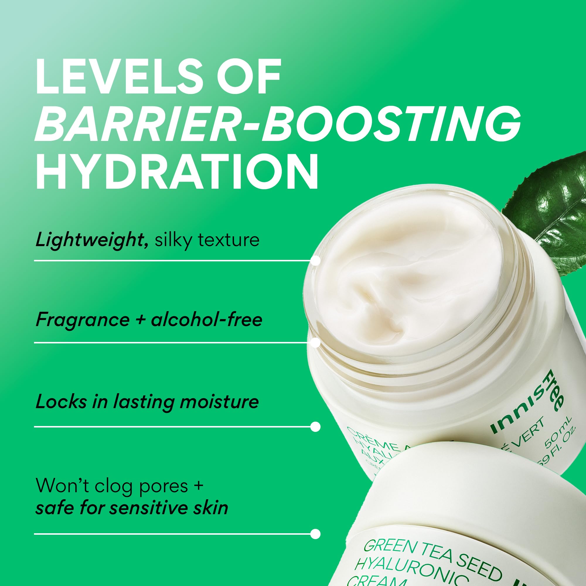 innisfree Green Tea Seed Hyaluronic Acid Cream, Korean face moisturizer with ceramide, non-comedogenic, fragrance-free, smooth skin.