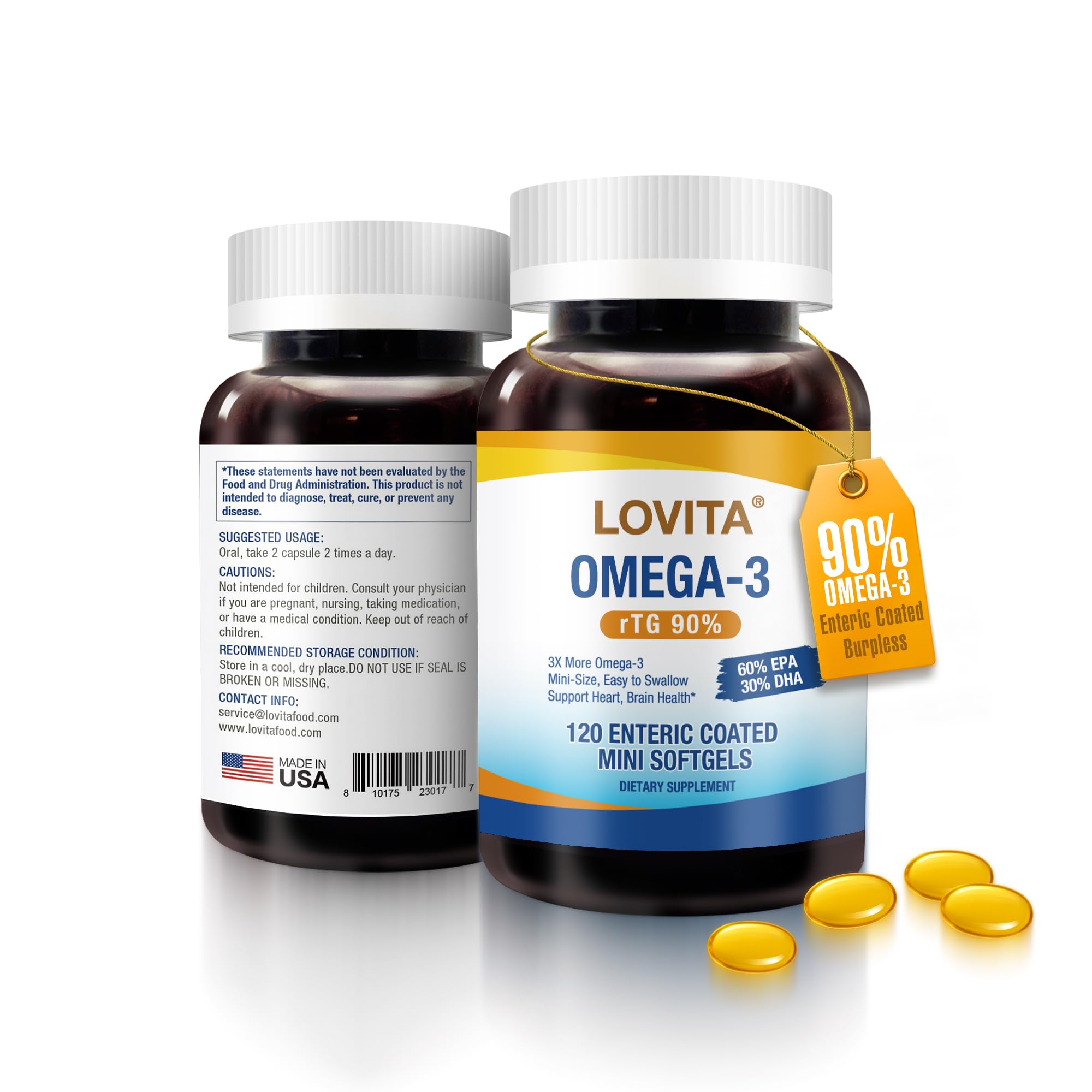 LOVITA Omega-3 Fish Oil 2000 mg, Triglyceride rTG, 120 Mini - Product Imagery