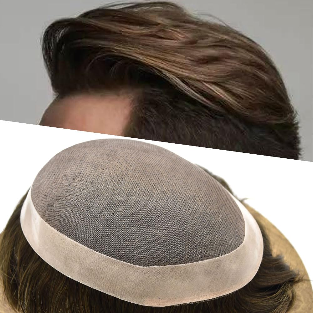 Curve Hair Mens Toupee Human Hair Piece Replacement System Monofilament Wig Hair Unit for Men Durable Poly Coated Mens Hairpiece (#4ASH Medium Ash Brown, 7"X9")