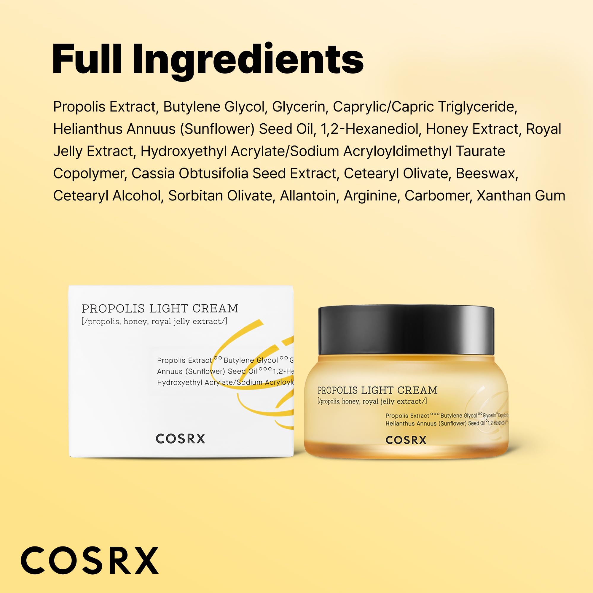 COSRX 64% Propolis Honey Lightweight Cream moisturizer with golden glow, shown in a 2.19 fl oz jar with honey-like texture.