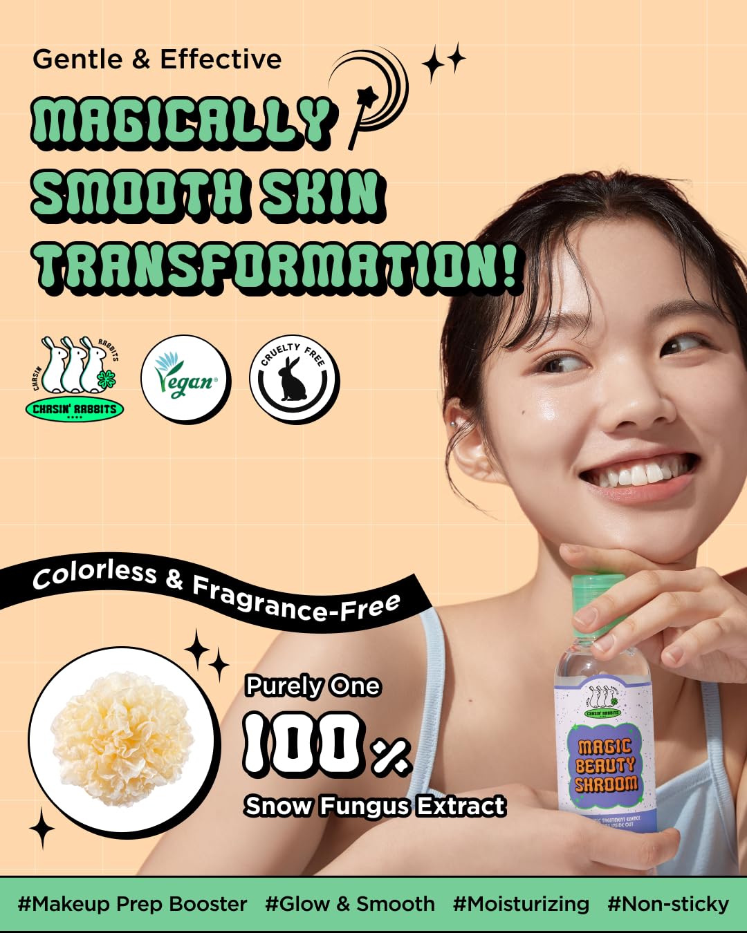CHASIN' RABBITS Magic Beauty Shroom Essence serum bottle with label, featuring nourishing tremella mushroom extract for sensitive, dry skin