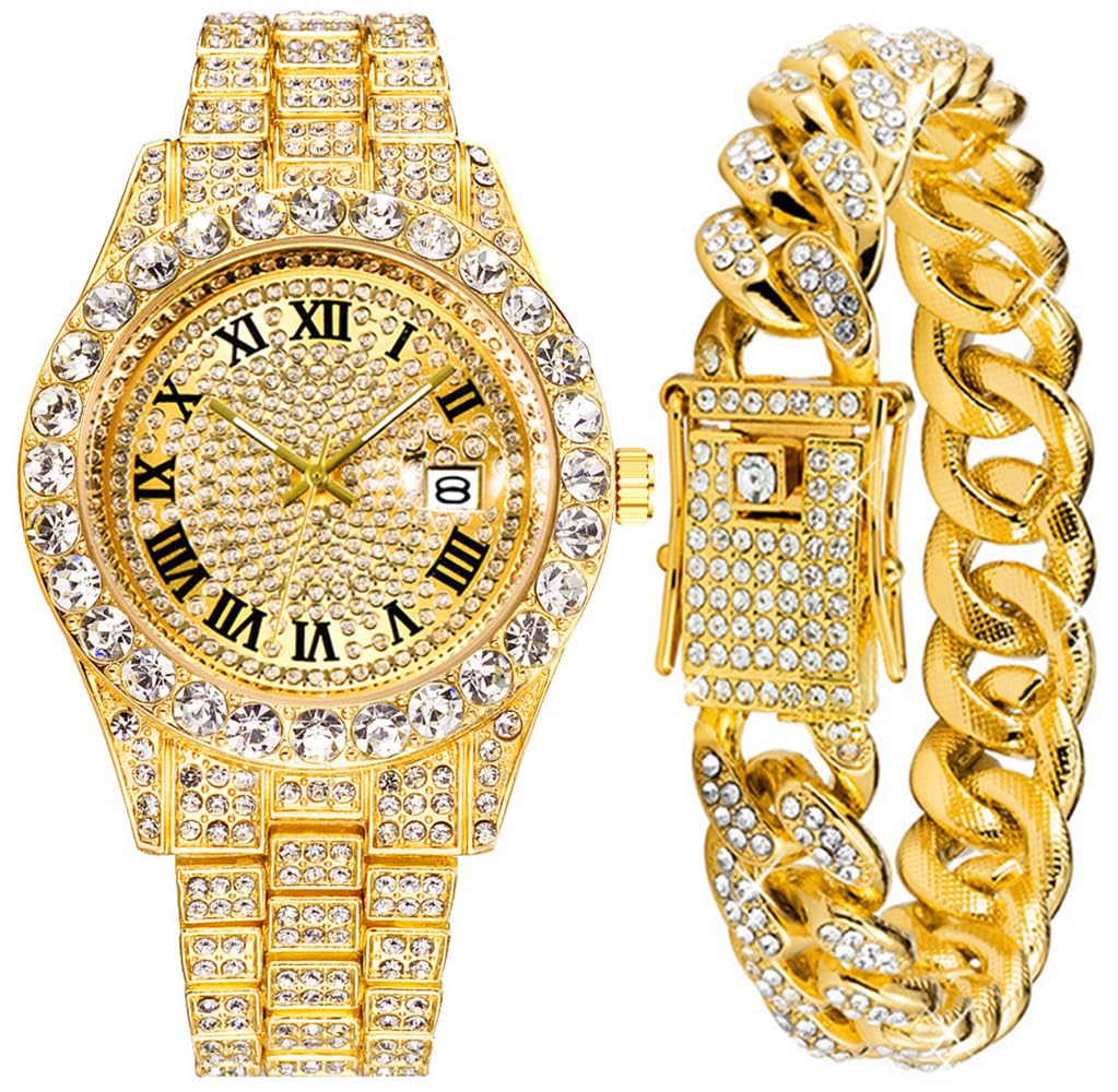 HUNRUY Hip Hop Cuban Link Bracelet Watches Set for Men Iced-Out Bling Diamond Luxury Quartz Watches with Date