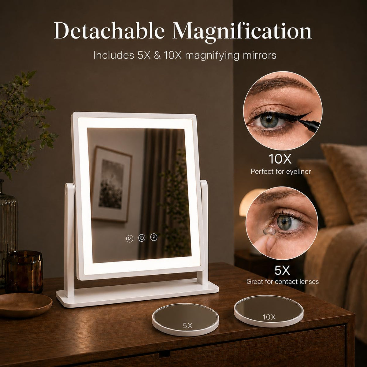 DECADENCE 14.1 x 12.1 in Lighted Makeup Mirror, 10X/5X Magnifiers – packaging and label