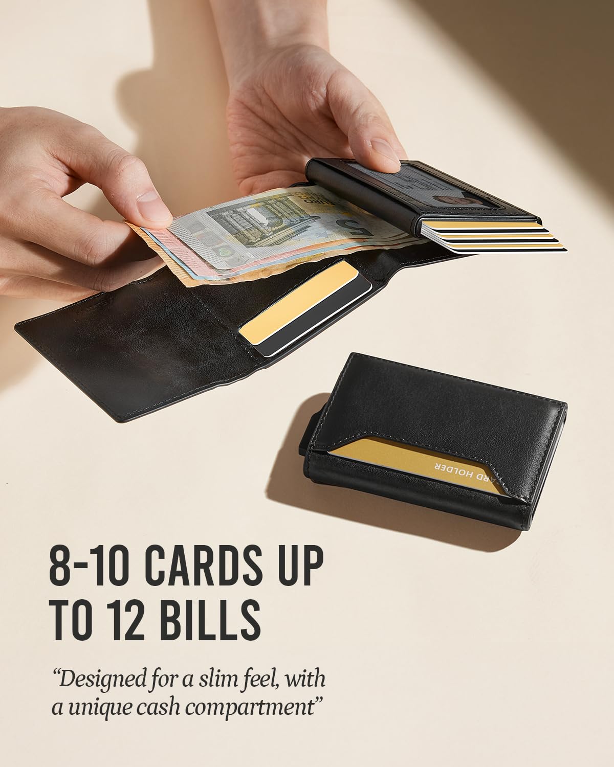 YESIIW Premium Genuine Leather Wallet for Men - Pop up Slim wallet – close-up detail