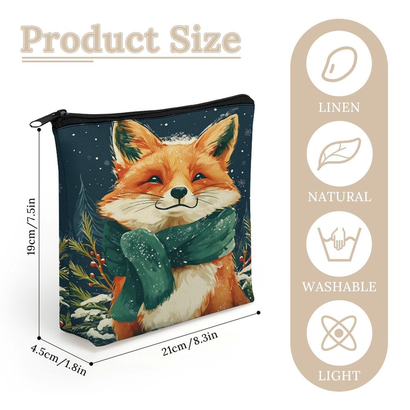 Qfsdijnig Fox Winter Scarf Snowflake Pine Cosmetic Bag Makeup Pouch with Zipper - Travel Linen Makeup Organizer - Portable Vanity Case for Women Girls Teens - Gift Set for Her - Makeup Storage Bag