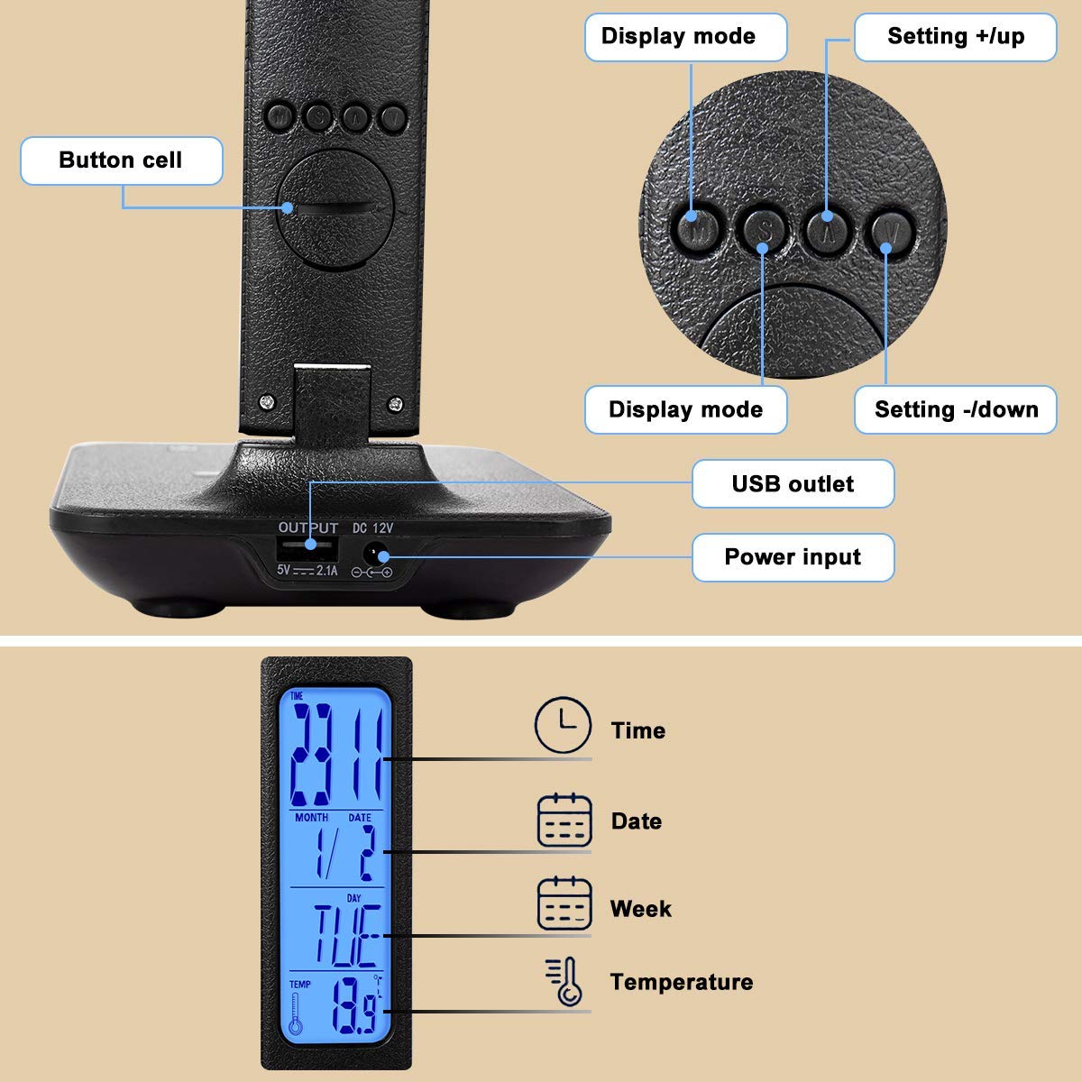 XIZDDL LED Desk Lamp with Wireless Charger, Suitable for Home, Office Dimmable, with USB Charging Port, Built-in Clock, 