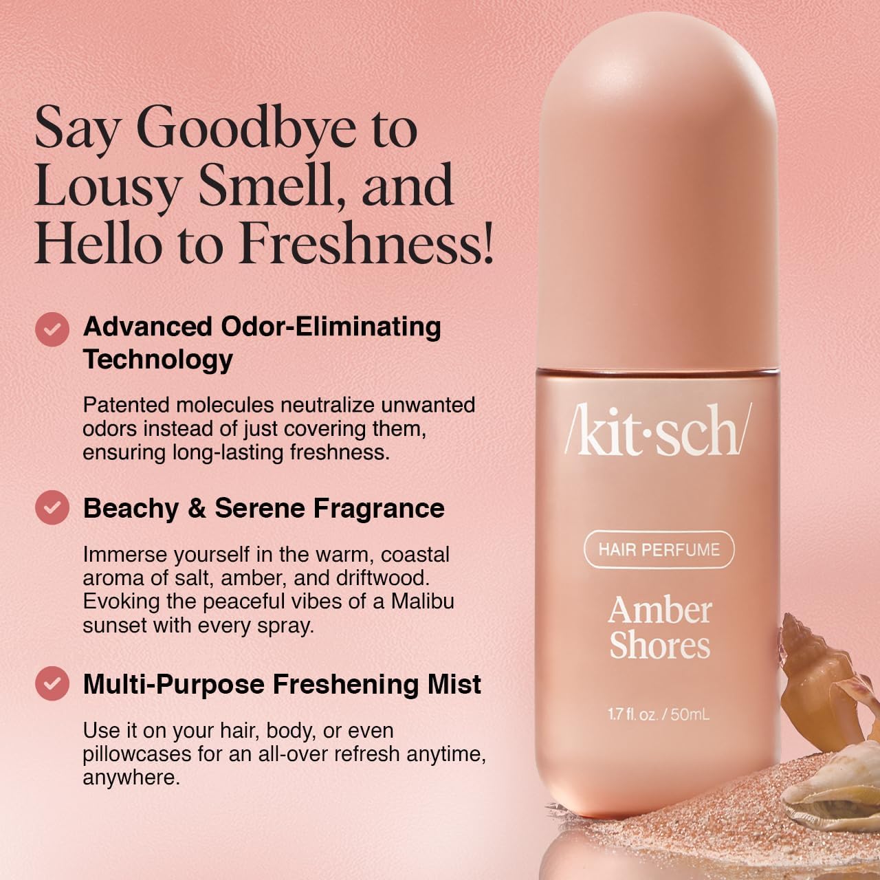 Kitsch Amber Shores hair perfume for women, 50mL bottle, featuring a luxurious amber scent and elegant packaging.