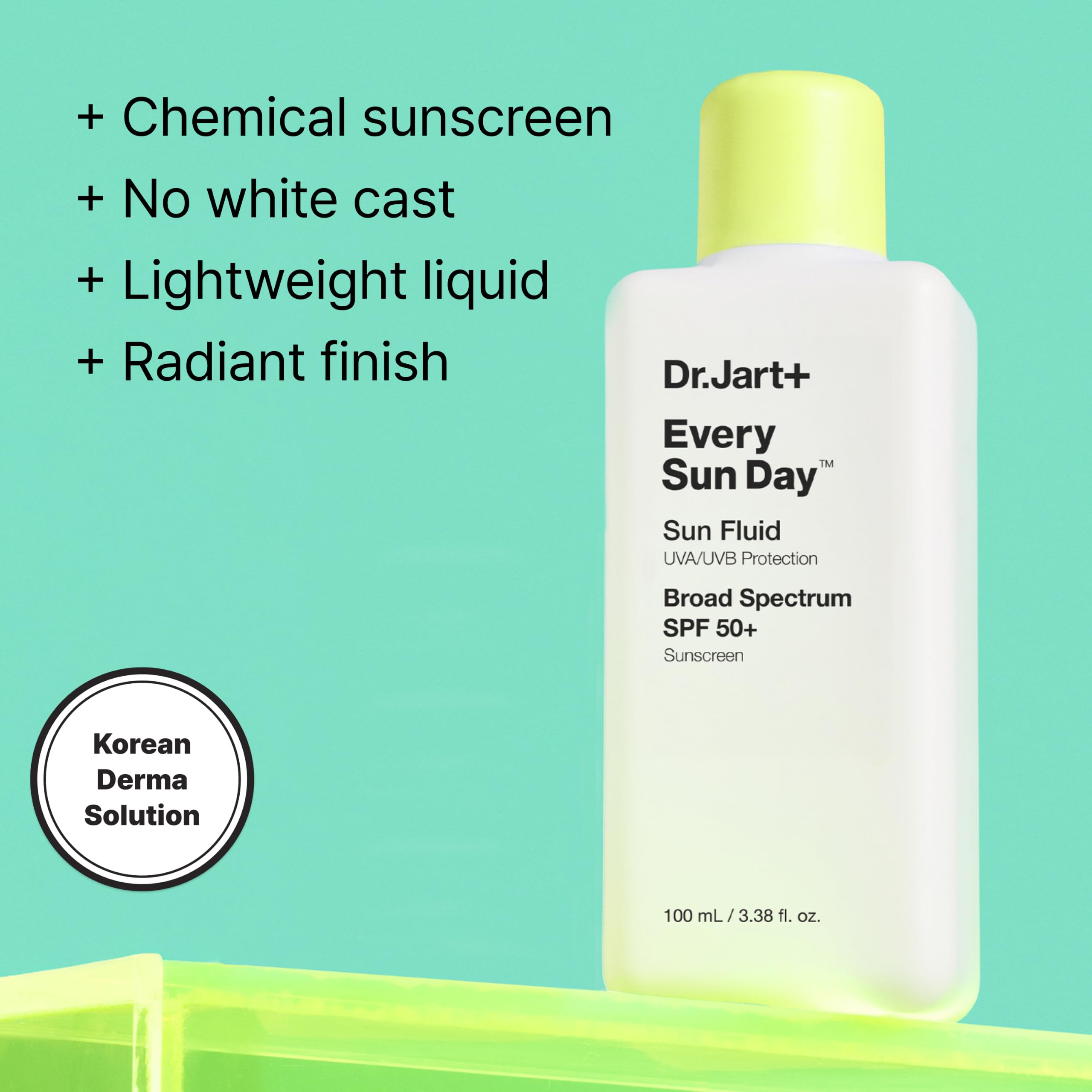 Dr.Jart+ Every Sun Day Sun Fluid Korean sunscreen SPF 50+ in a 3.38 oz bottle, designed for facial skin protection.