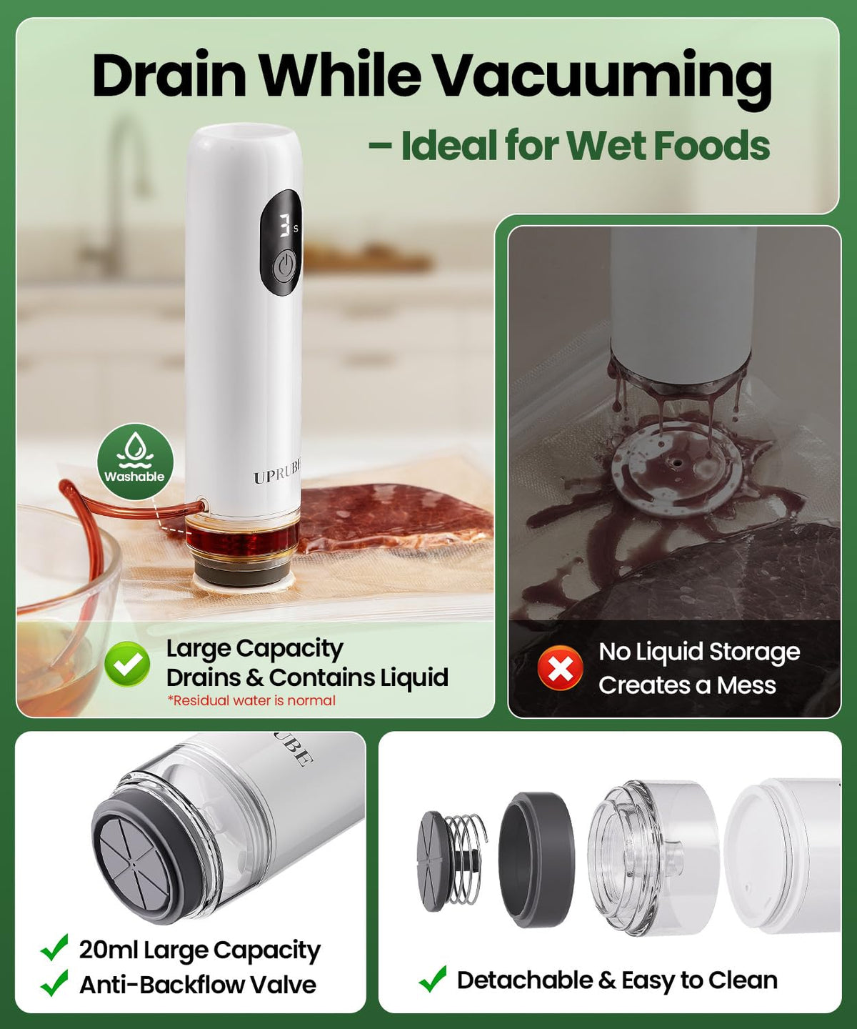 UPRUBE Compact Vacuum Sealer for Food, Drainage Tube, Wet Food, 30 Bags – full view