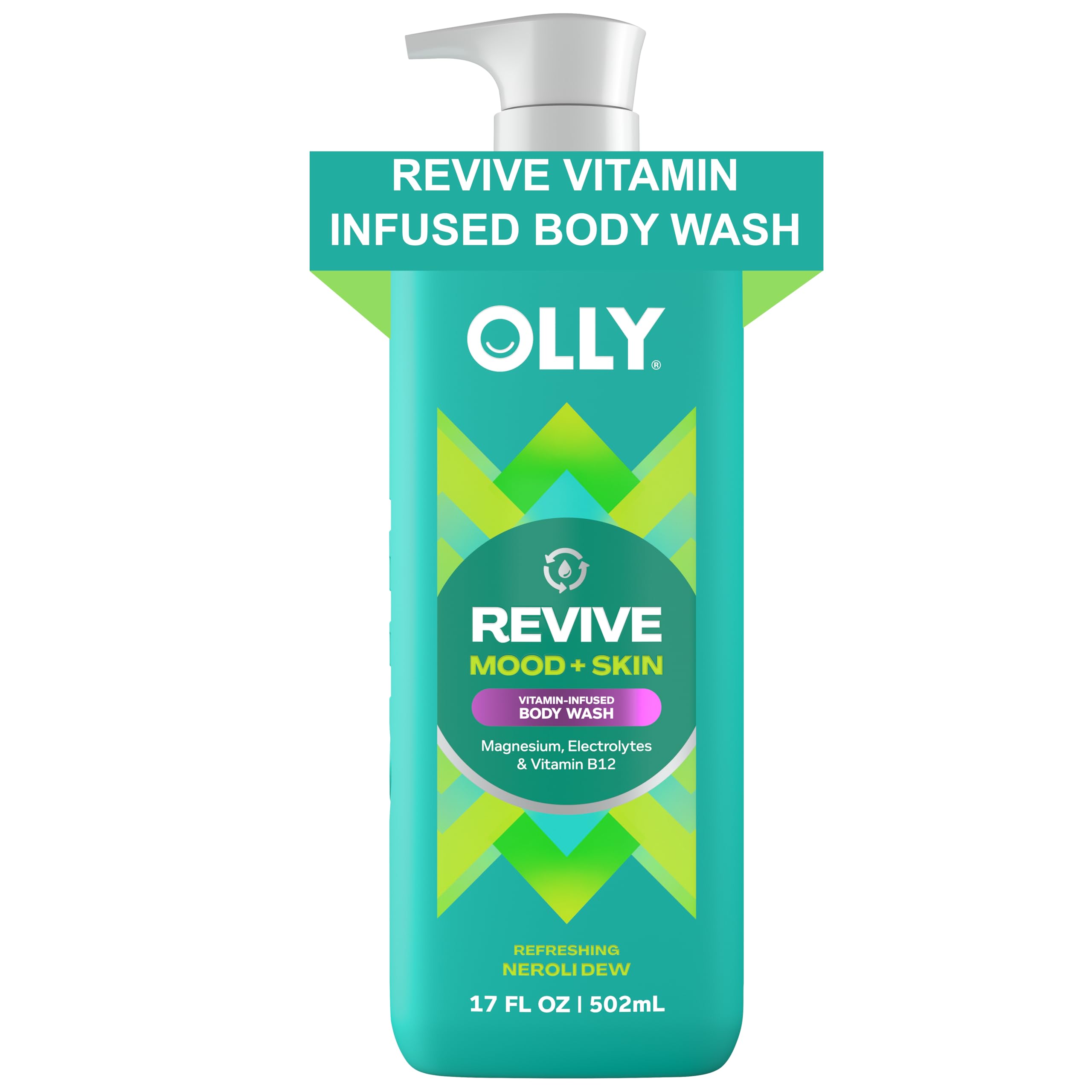 OLLY Revive Body Wash with magnesium, electrolytes, and vitamin B12 in a 17 oz bottle, skin cleansing agent with refreshing ingredients.