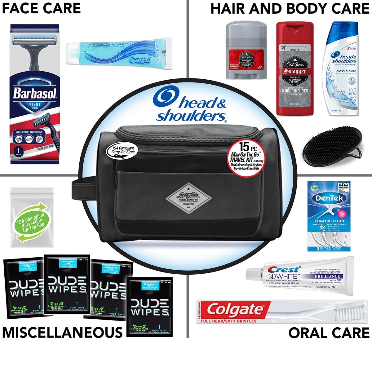 Convenience Kits International Men's Premium 15-Piece Kit wth Travel Size TSA Compliant Essentials, Featuring: Head & Sh