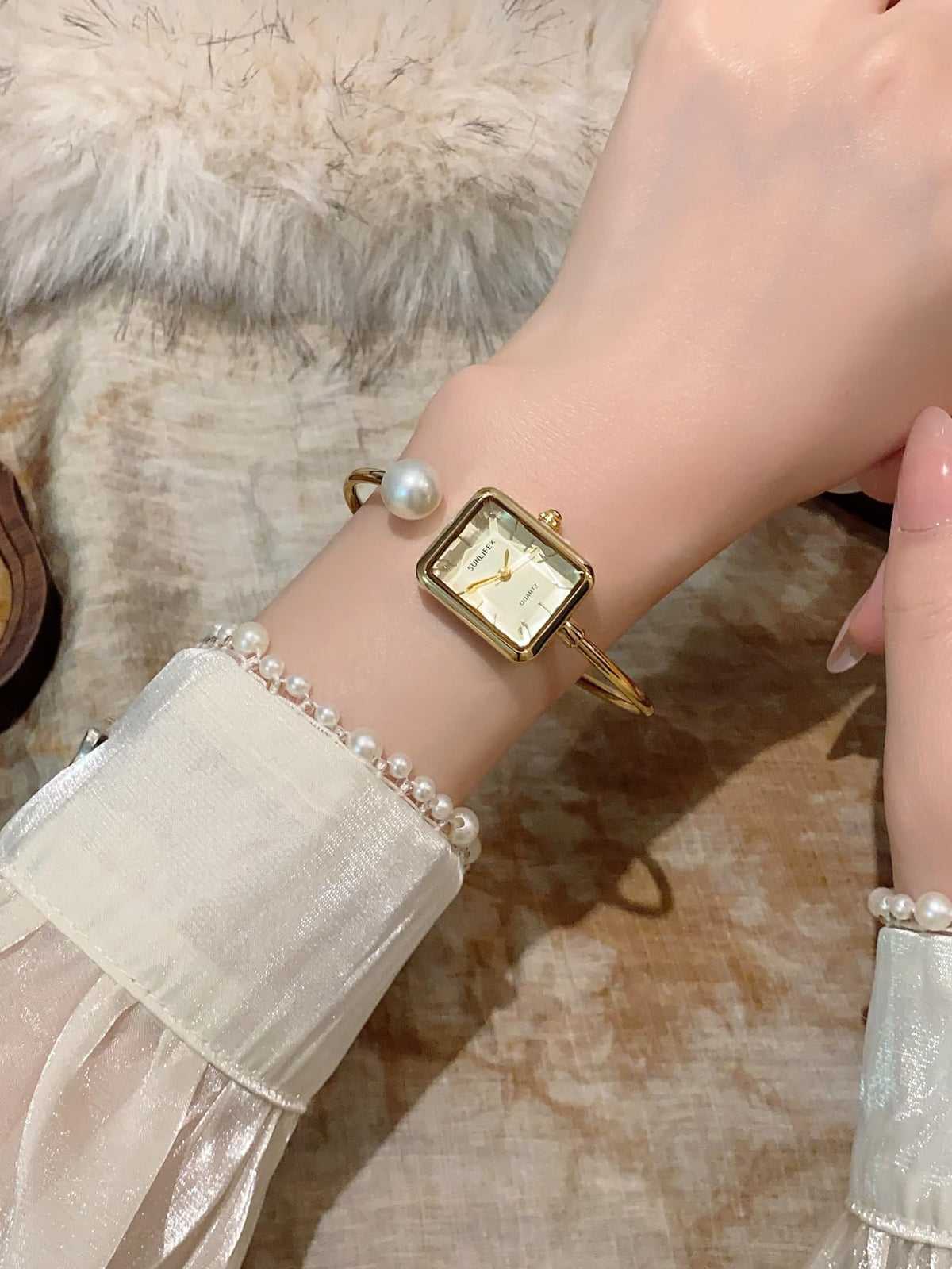Gosasa Pearl Bangle Watch for Women, Gold Bracelet Watch with Square Easy Read Dial, Dainty Elegant Cuff Watch for Women