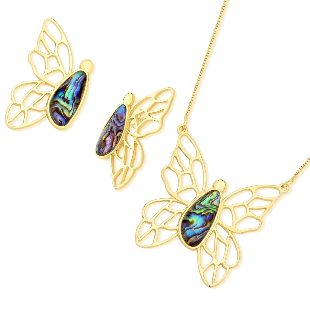 14k Gold Plated Abalone Butterfly Necklace and Earring Set - POSSEBON NATURAL STONES Official Imagery - 1