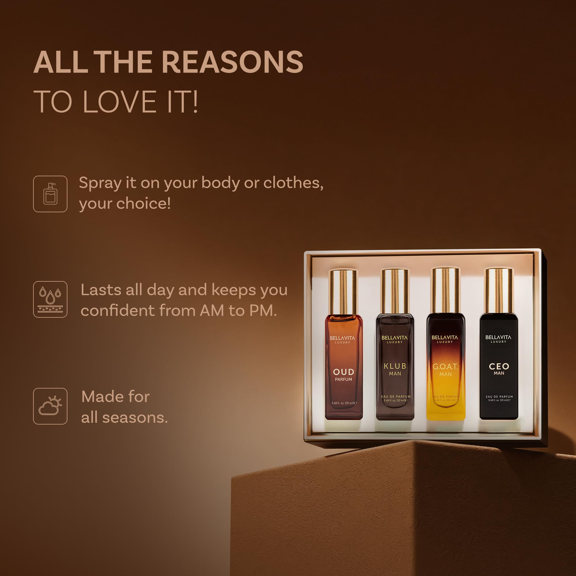 Bella Vita Luxury men's perfume gift set with four 20ml bottles of personal fragrance, stylish packaging.