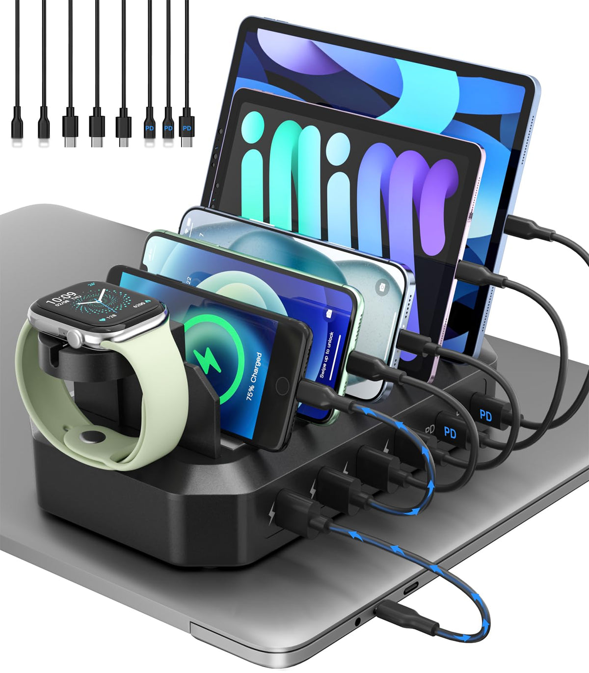 HSicily 95W Fast Charging Station for Multiple Devices, 6-Port USB Charging Dock