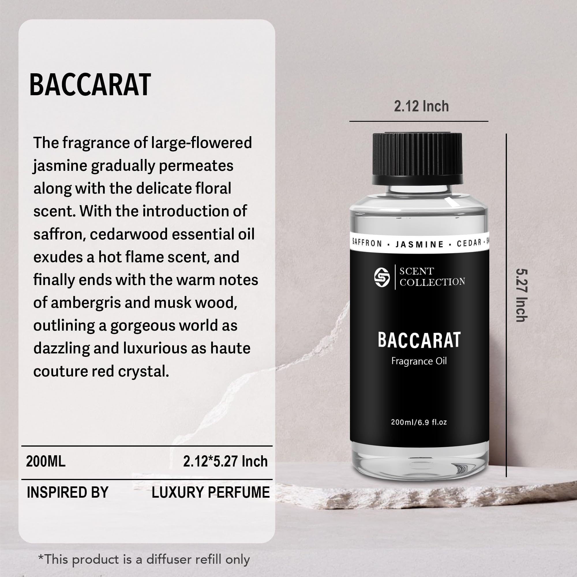 Baccarat Hotel Scent Collection saffron cedar essential oil diffuser bottle, 200ml, with amber liquid and elegant label.