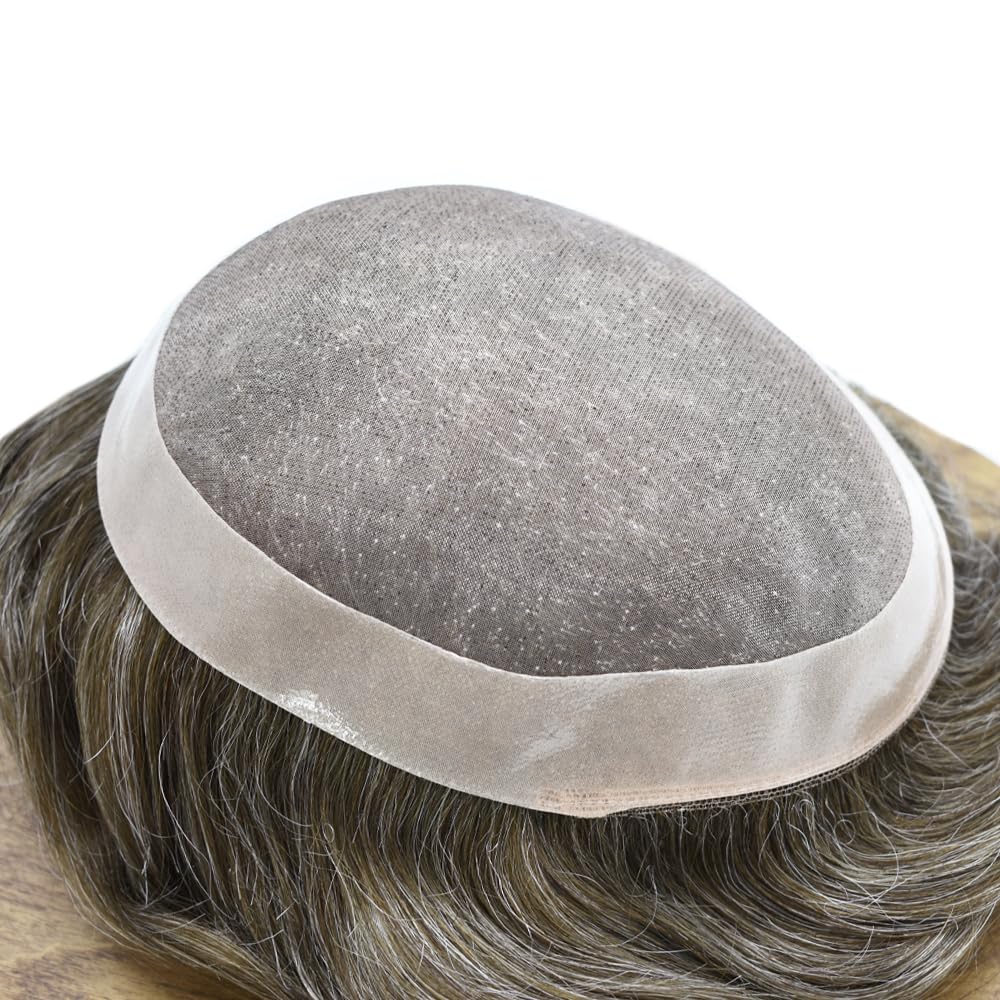 Curve Hair men's toupee wig in light brown with gray, 7x9 inches, monofilament hairpiece for natural look and durability.
