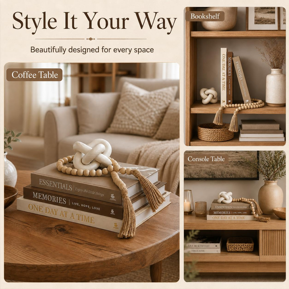 JULZEN 5Pcs Set: 3 Linen Decorative Books for Home Decor, Wood Knot & Bead Garland – back view and specifications