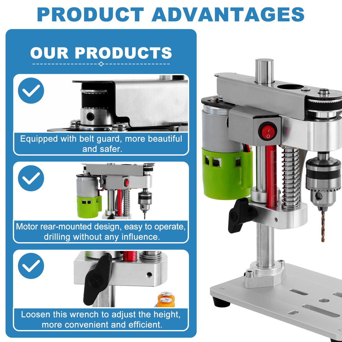 MXBAOHENG Mini Benchtop Drill Press with Work Light, Rear-Mounted 795 Motor Design – full view, size 6 millimeters