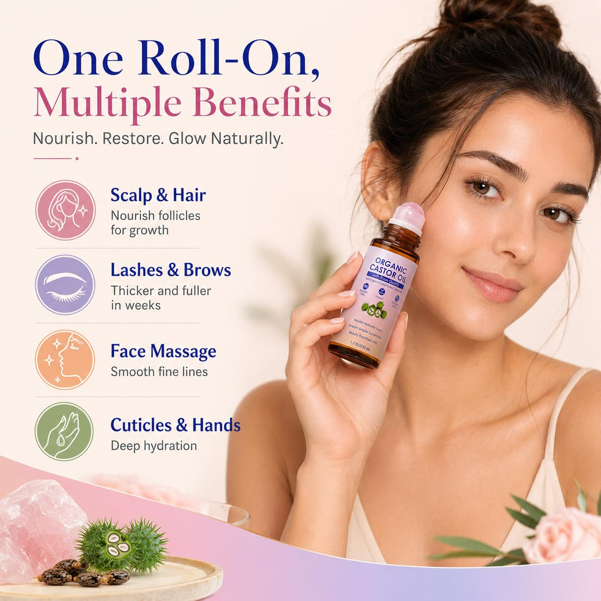 SDXJIOGE Organic Castor Oil Rose Quartz Roller Ball – 100% Cold Pressed Hexane Free Castor Oil Roll On for Facial Skin C