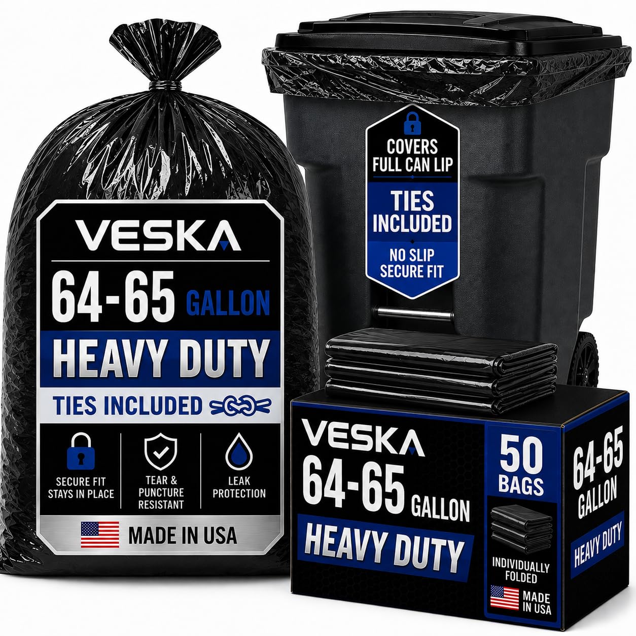 Veska 65 Gallon Trash Bags for Toter, (Value-Pack 50 Count - Product Imagery