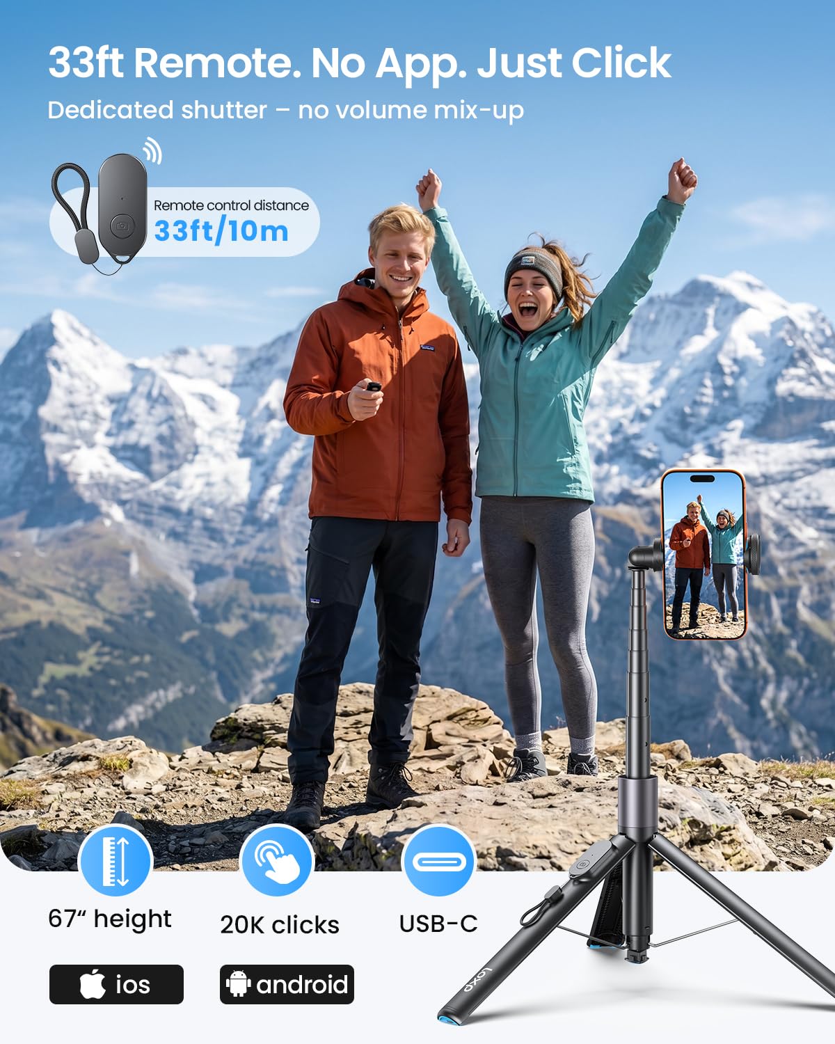 LOXP 67'' Phone Tripod with Remote, 0.01s Auto-Open for Content Creator – close-up detail in Black