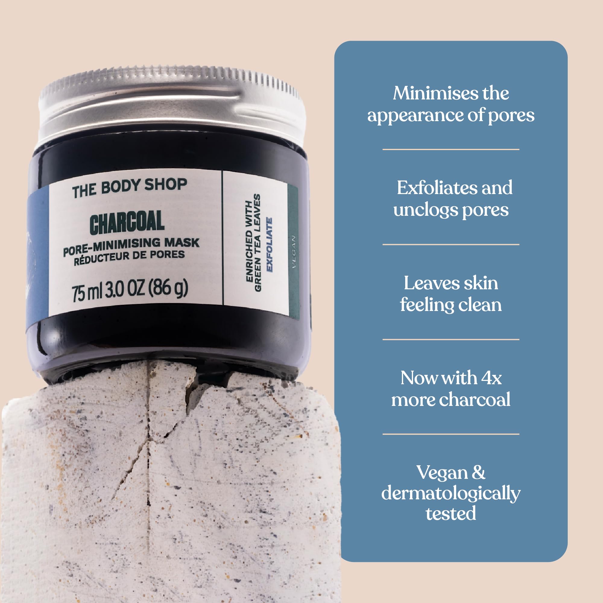 The Body Shop Charcoal Pore-Minimizing Clay Mask in a 75ml jar, showing the black clay mask inside the container.
