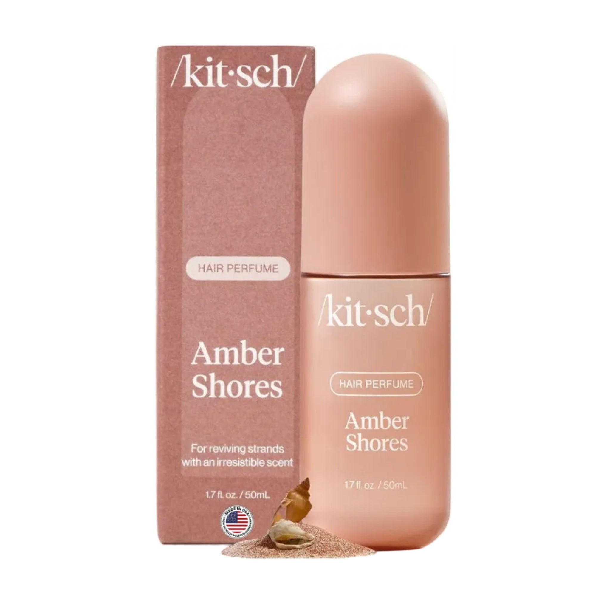 Kitsch Amber Shores hair perfume for women in a 50mL spray bottle, featuring a luxurious, warm amber scent.