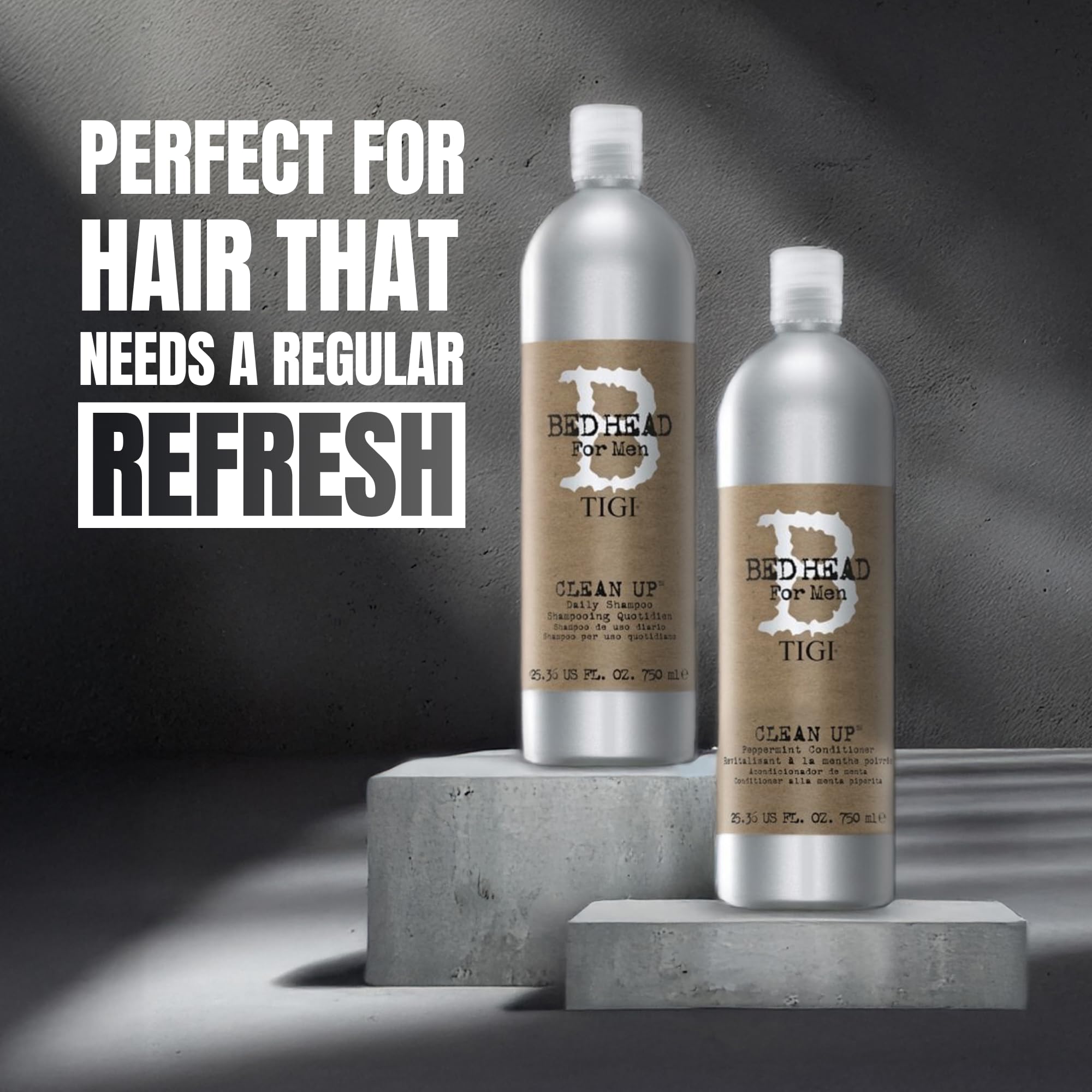 Bed Head by TIGI Men Clean Up Daily Shampoo bottle, 25.36 fl oz, in black and white packaging with pump dispenser.