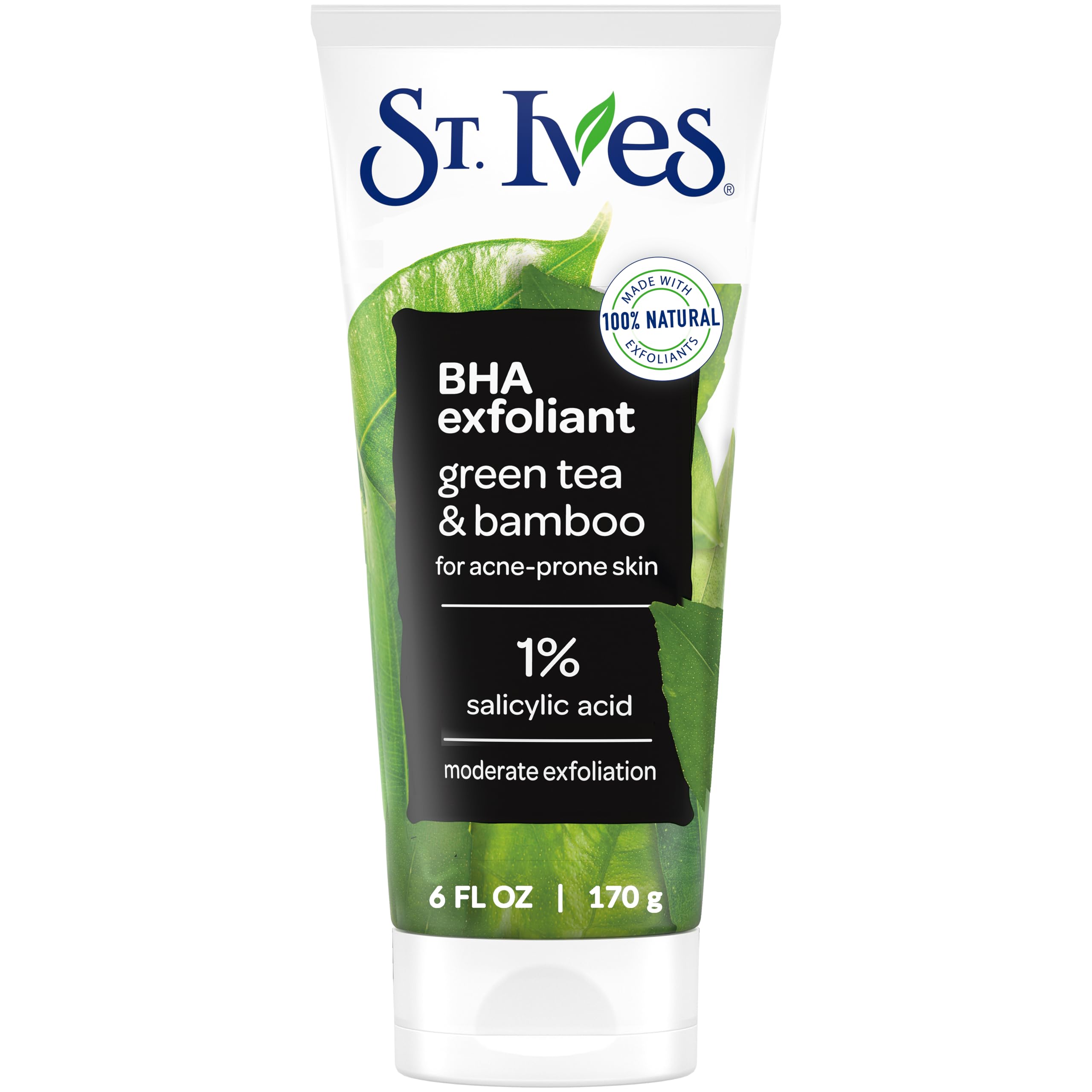 St. Ives Blackhead Clearing Face Scrub with green tea, 6oz, showing the exfoliating scrub in a clear container with green tea leaves.