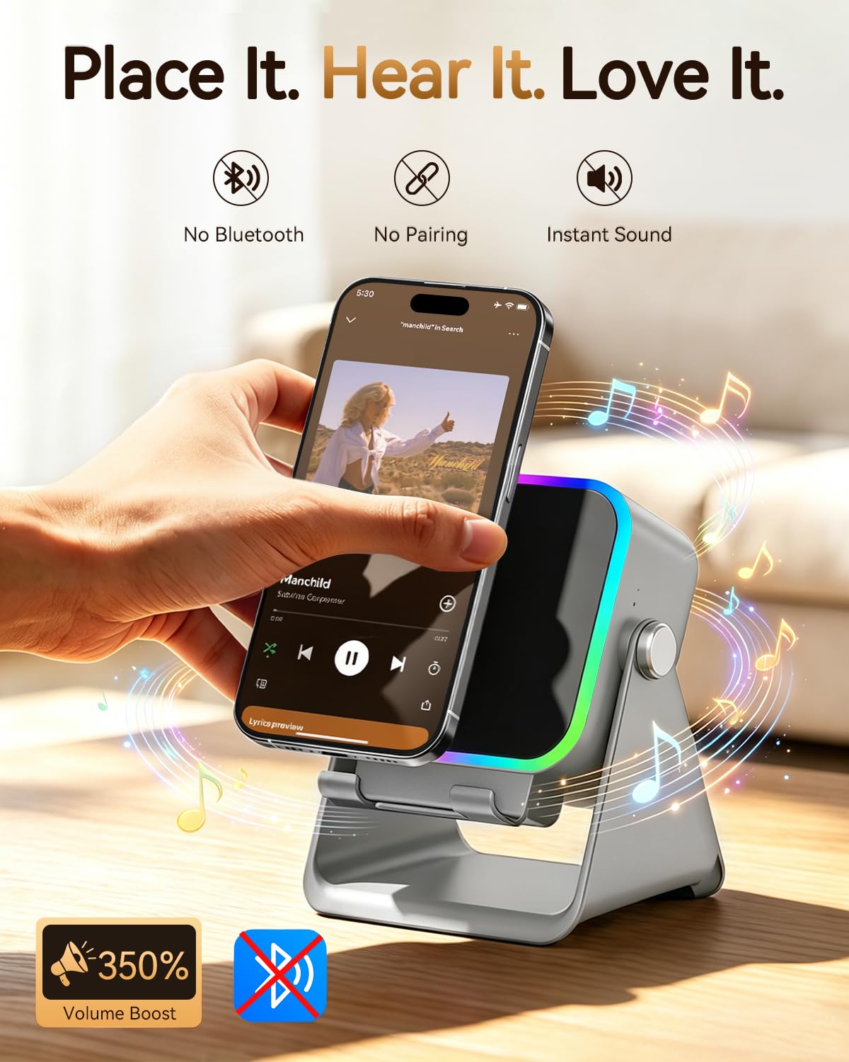 MILOUZ Gifts for Men Tech Gadgets Wireless Induction Speaker with Phone Stand – close-up detail in Gray