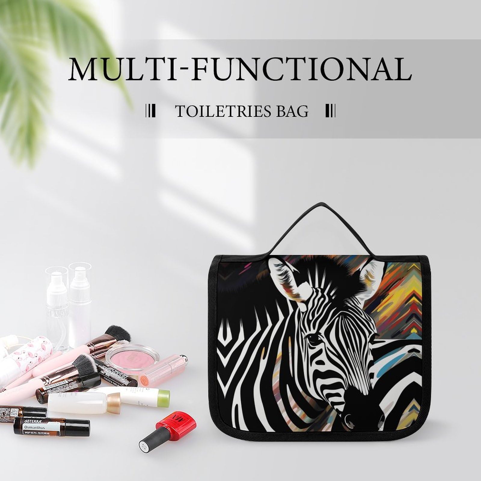 JTREHY Abstract Animal Zebra Hanging Toiletry Bag, Lightweight Durable Polyester Travel Cosmetic Organizer with Hook, Multi-Compartment Wash Bag for Travel Gym Camping Bathroom Storage