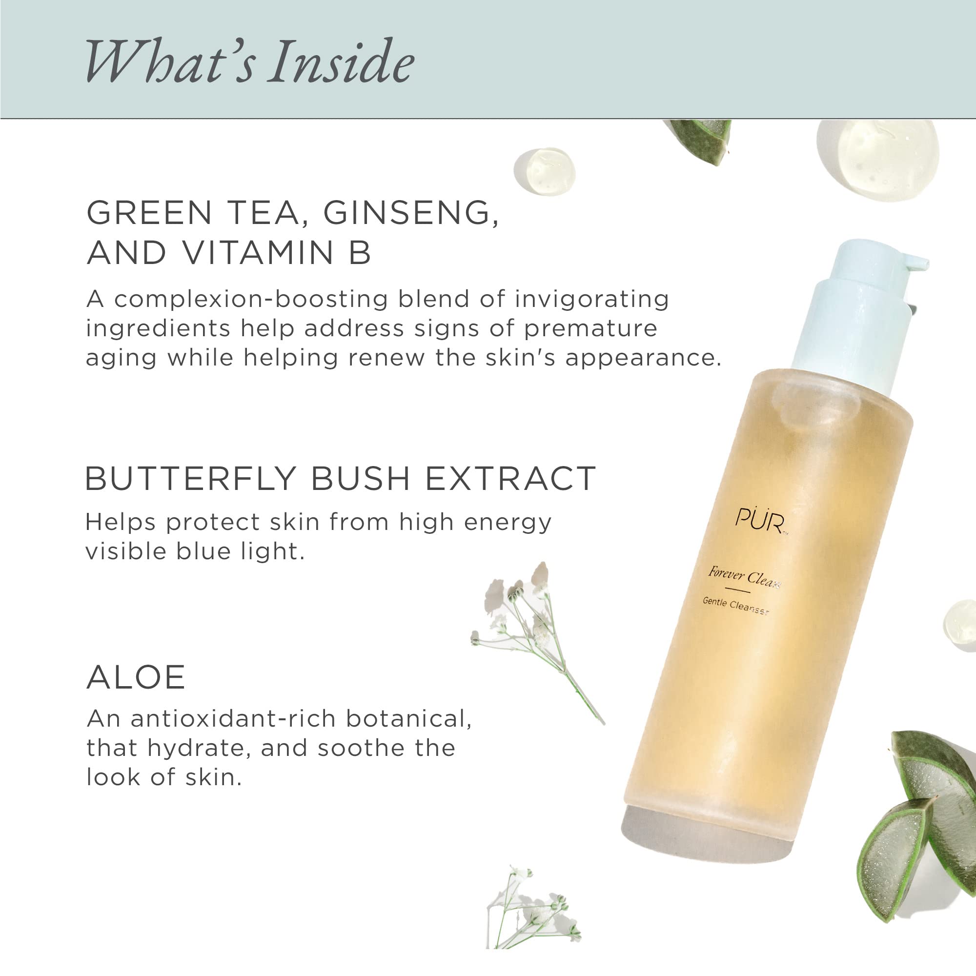 PÜR Forever Clean Gentle Facial Cleanser with Blue Light Defense, a skin cleaning agent from PÜR MINERALS, shown in a white bottle.