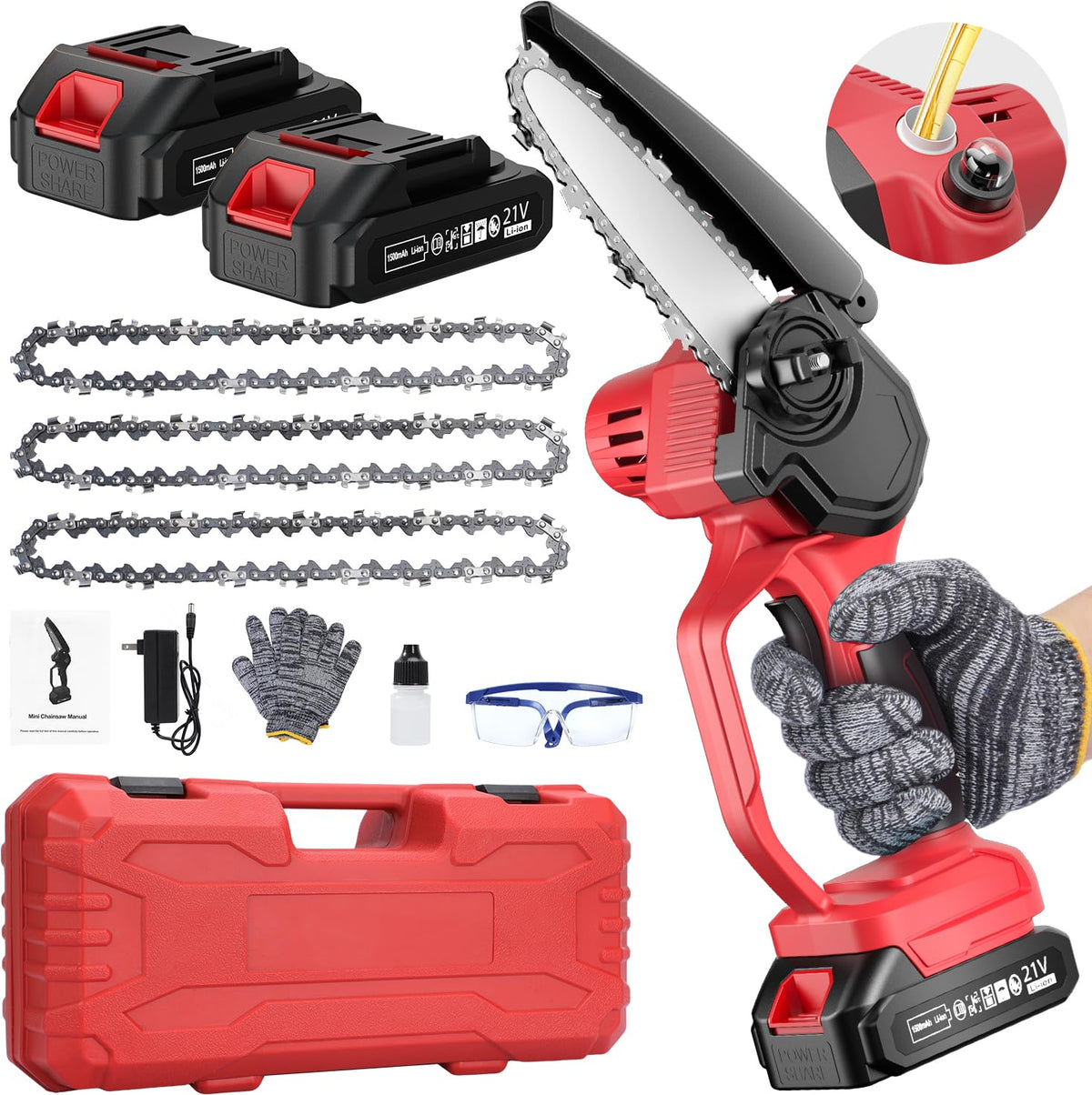 Ohenjoy Mini Chainsaw Cordless 6-Inch, Handheld Chainsaw with Auto-Oiler, 2 Batteries & 3 Chains, Portable Electric Chai