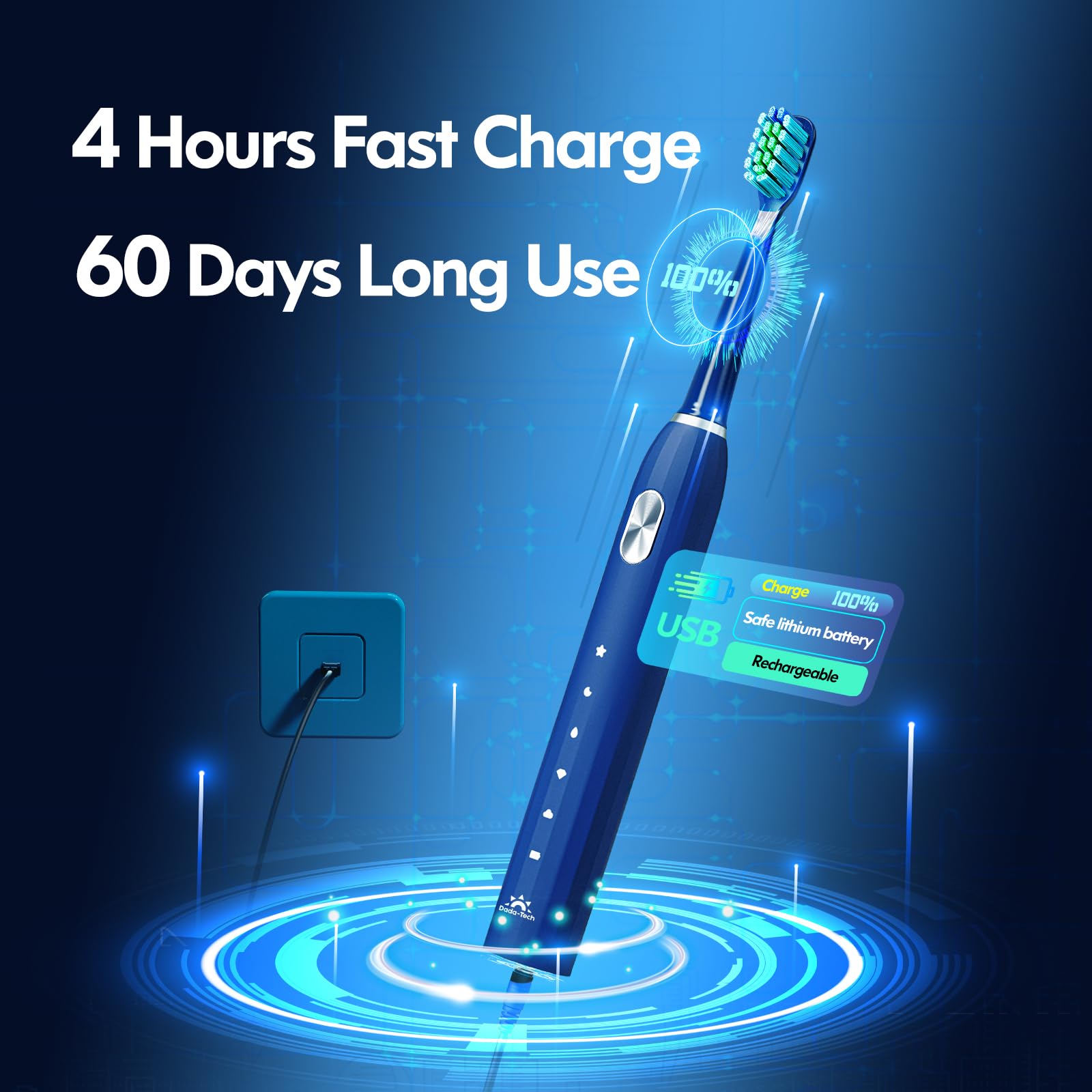 DADA-TECH Sonic Electric Toothbrush with 9 replacement heads and 5 brushing modes, shown with brush heads attached.