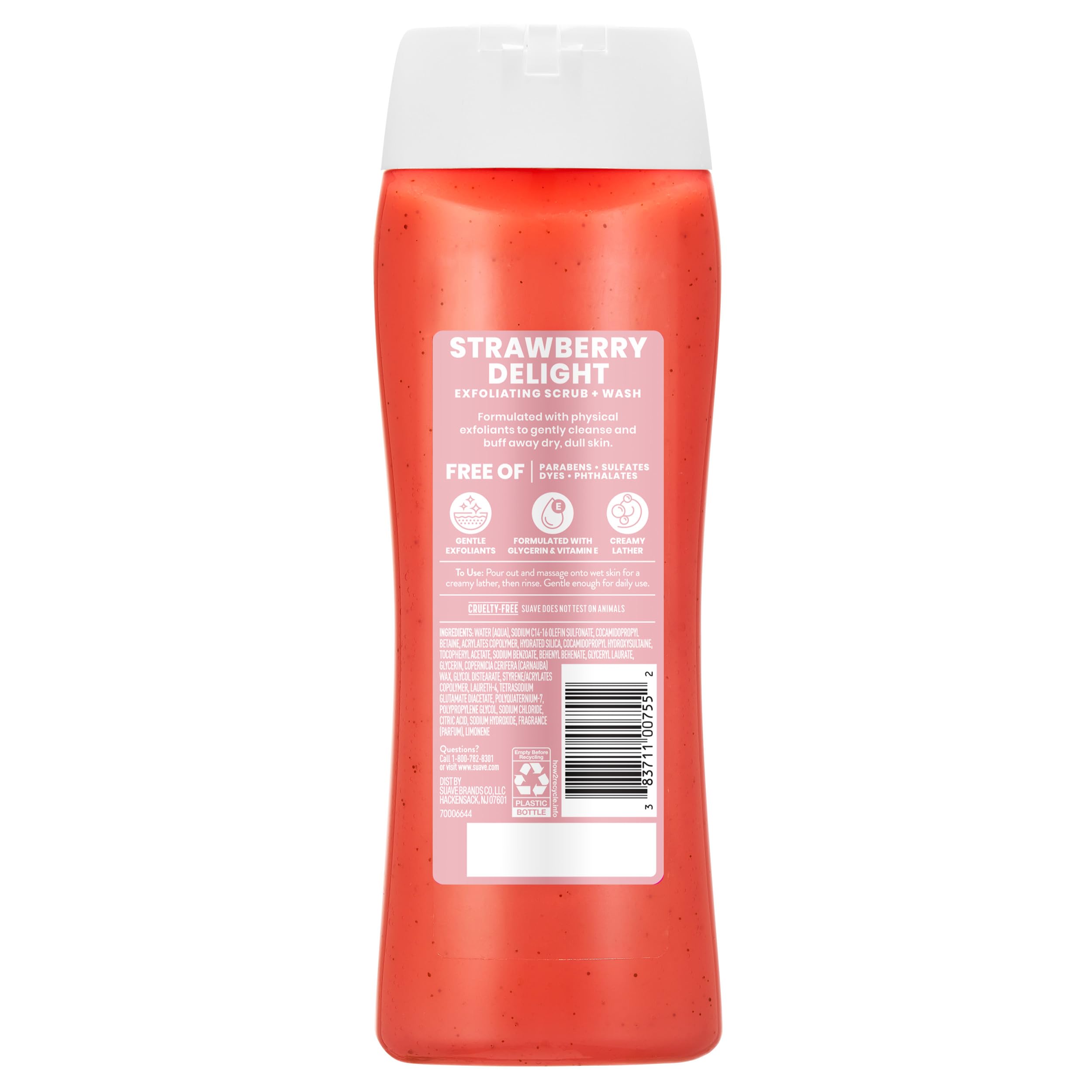 Suave Strawberry Delight Exfoliating Body Wash & Scrub with Glycerin & Vitamin E, Sulfate-Free Hydrating Cleanser for Soft, Smooth Skin, 18 FL OZ Pack of 6