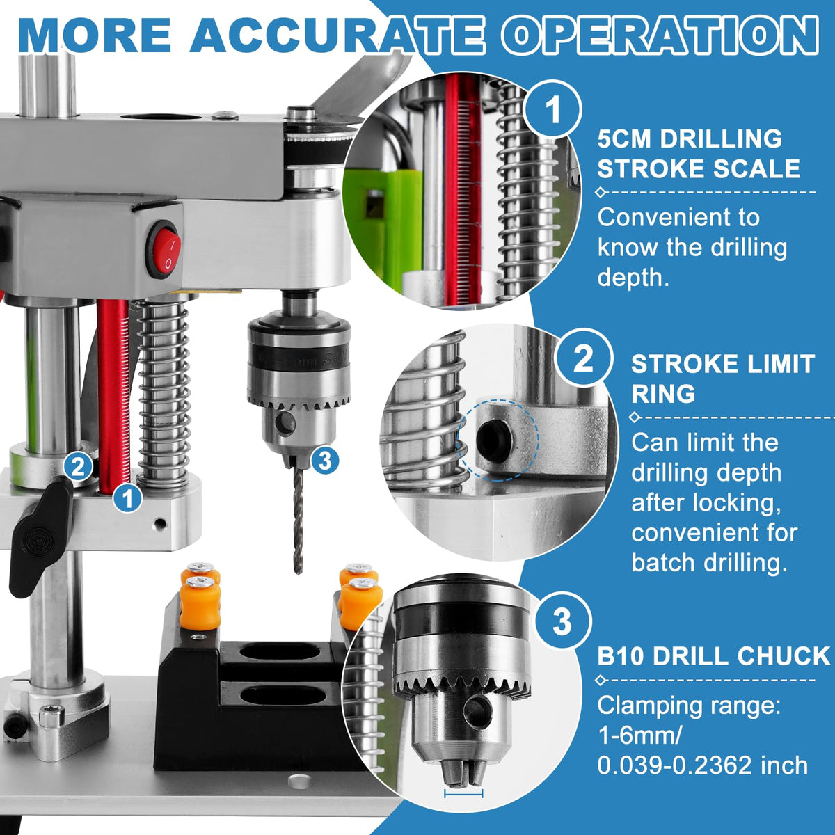 MXBAOHENG Mini Benchtop Drill Press with Work Light, Rear-Mounted 795 Motor Design – packaging and label